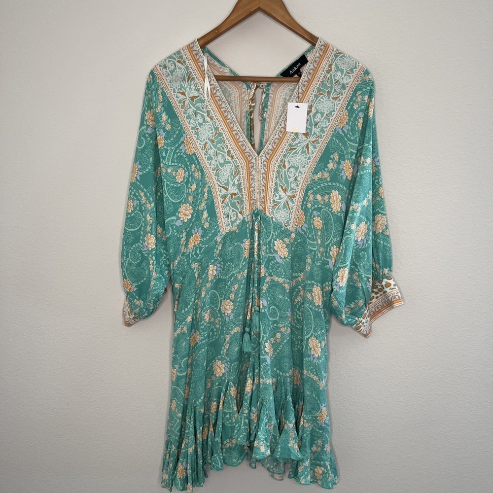 Aakaa Summer Floral Teal Cream Boho Oversized Mini Dress Coverup Belted Sz M New